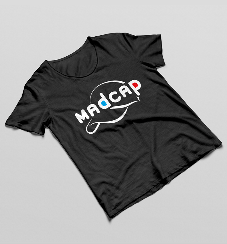 Black t-shirt with 'Madcap' logo on a gray background