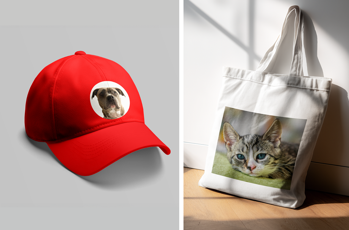 Red cap with a dog photo and white tote bag with a cat photo on a light gray background